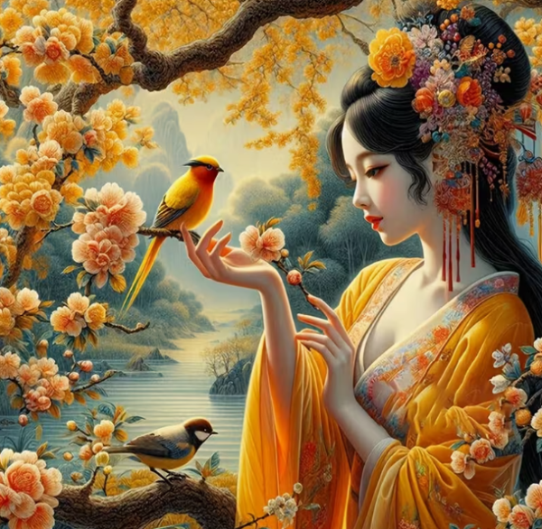 Diamond Painting Asiatische Schönheit mit Vögeln